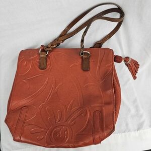 Brighton Burnt Orange Floral Embossed Leather Bag with Heart Charm Tassel Zipper